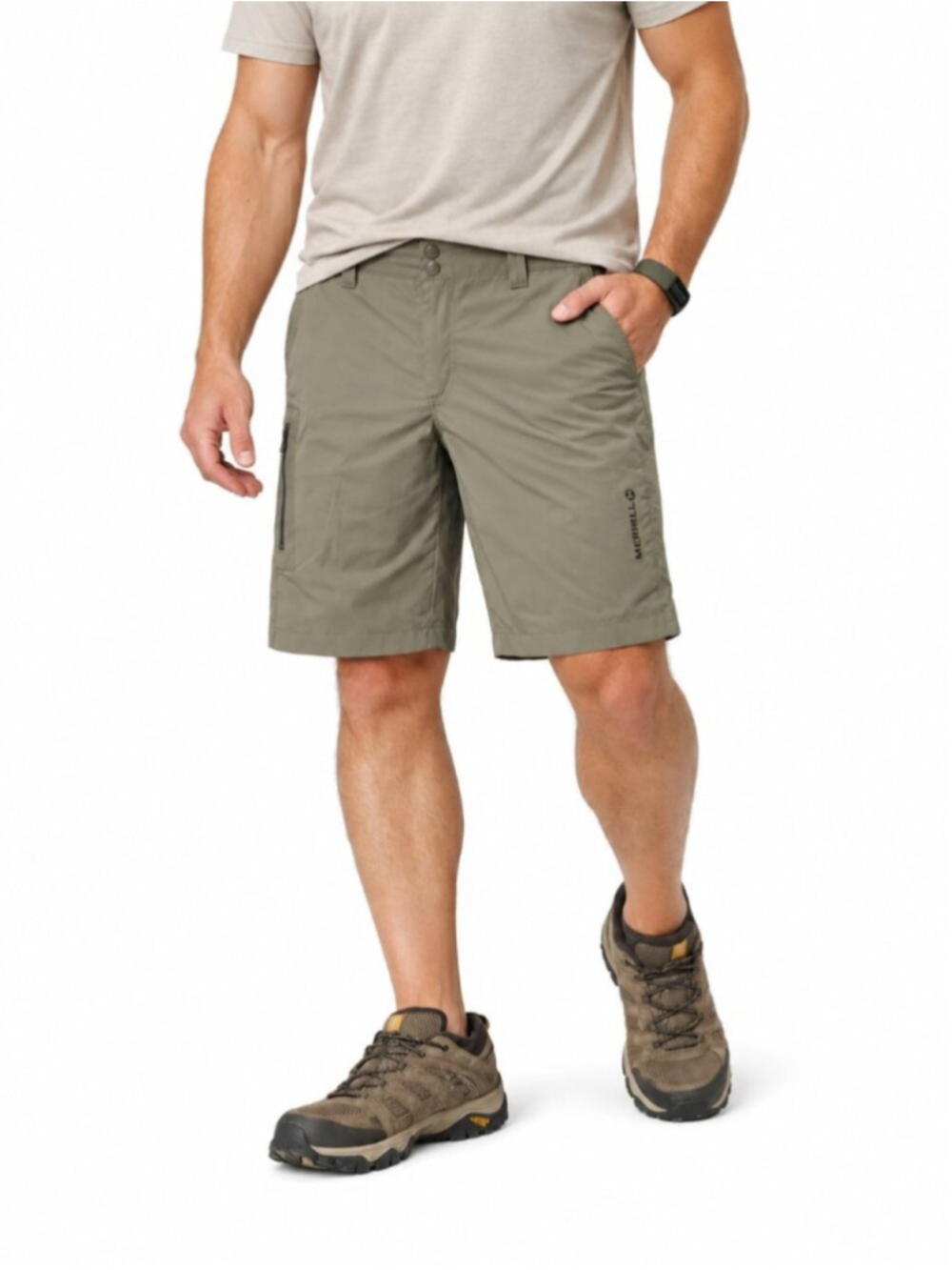 MERRELL Opti-Wick 10" Hiking Shorts Grey Tan Sz 40 Nylon Stretch UPF 50 Gorpcore